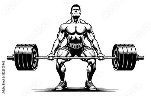 Muscular Man Lifting Heavy Barbell in Engraved Black and White Style Illustration Ready to Lift