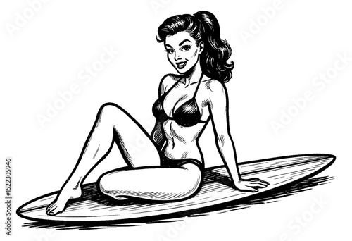 Smiling pinup woman in bikini sitting on surfboard in retro style detailed black and white drawing