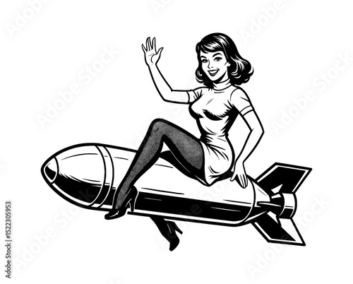 Happy Woman Riding a Missile and Waving Hand with Smiling Expression in Black and White Pinup Art