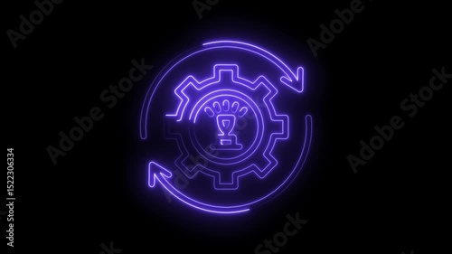 Glowing neon idea generation with gear and circulating arrows on black background