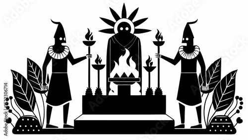 Ritual scene with figures fire and plant elements halloween, vector, silhouette,  illustration, horizontal, isolated assets,