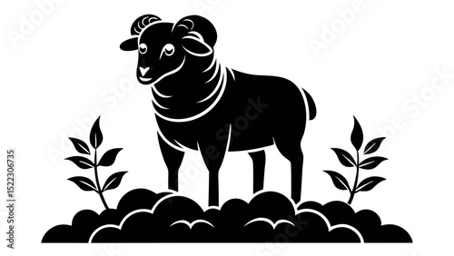 Silhouette of a ram standing among plants and clouds halloween, vector, silhouette,  illustration, horizontal, isolated assets,