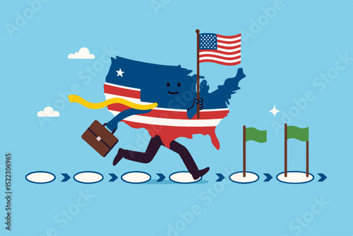 Milestone or roadmap achievement, business success journey, progress to reach goal, motivation to accomplishment, aspiration concept, businessman run to grab completed milestone success USA flag