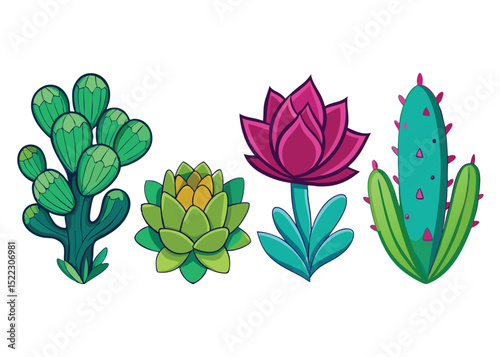 Colorful cartoon cactus and succulent plants vector graphic