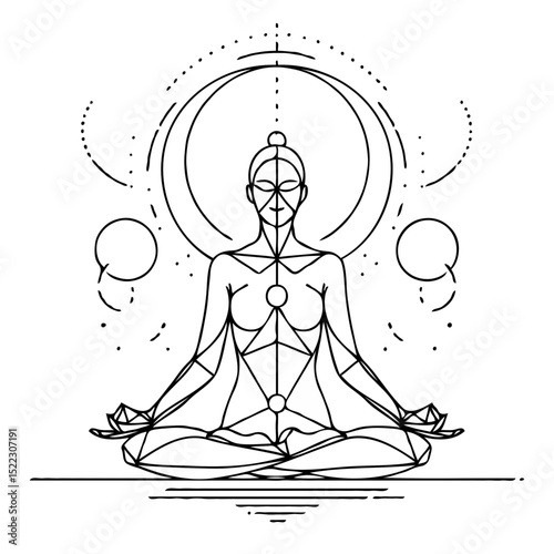 Abstract line art of meditating figure with geometric shapes  