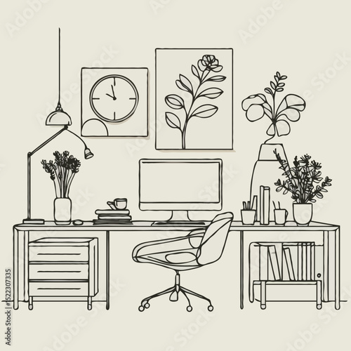 Minimalist home office with desk, computer, and decorative plants  