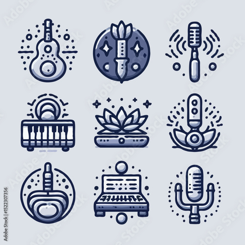 Collection of musical icons in line art style with instruments and sound  