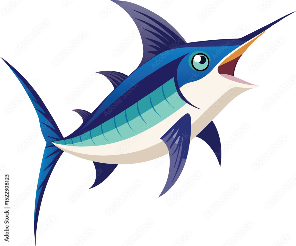 Fototapeta premium Cartoon illustration of a vibrant blue marlin fish