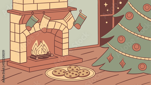 Fireside Cheer – Cozy Winter Scene with Friends Gathering by the Fire Vector