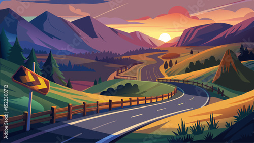 A dusky rural road curves through rolling hills. The close-up barrier reflects fading light. Caution remains while nature settles, and mountains bask in twilight’s gentle embrace.

