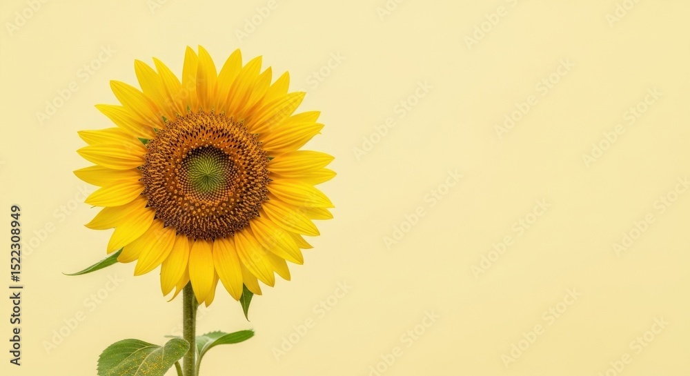 Obraz premium A single sunflower displaying vibrant yellow petals against a pale yellow background perfect for summer and floral designs
