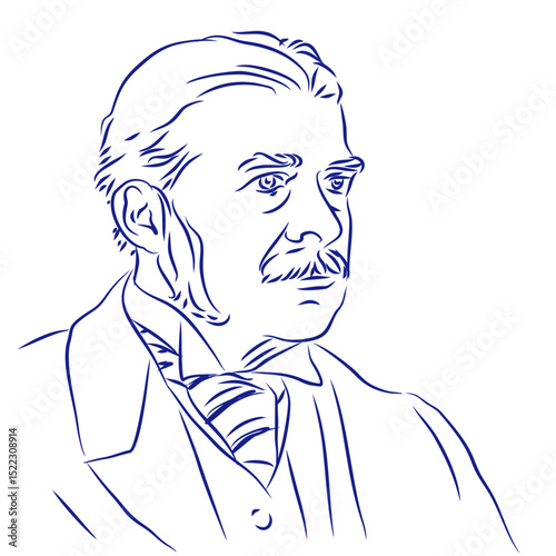 Arthur Sullivan. Continuous line drawing, portrait of composer. Hand drawn, vector illustration