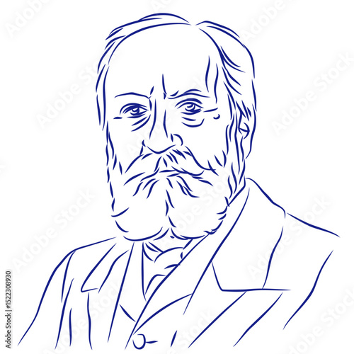 Camille Saint-Saens. Continuous line drawing, portrait of composer. Hand drawn, vector illustration