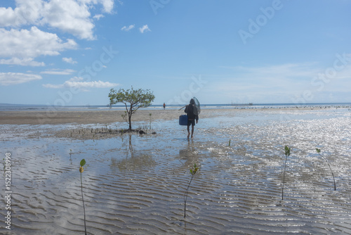 A fisherman walks on foot through the newly planted mangrove area, carrying makeshift fishing gear, hoping for a bountiful catch at his fish cage location