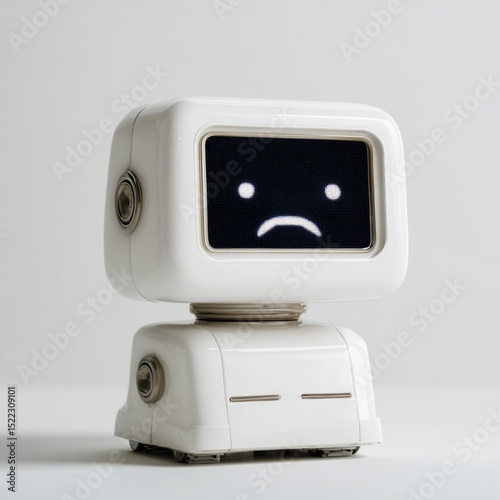 Small melancholic robot pondering the universe, embodying Cyber Monday blues and Retro Futurism vibes in compact mechanized melancholy