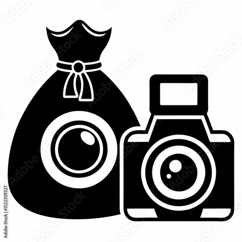 Sack and camera illustration in black and white halloween, vector, silhouette,  illustration, horizontal, isolated assets,