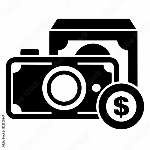 Camera money and coin icon in black and white design halloween, vector, silhouette,  illustration, horizontal, isolated assets,