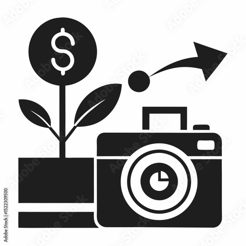Dollar plant with camera and arrow pointing upward halloween, vector, silhouette,  illustration, horizontal, isolated assets,