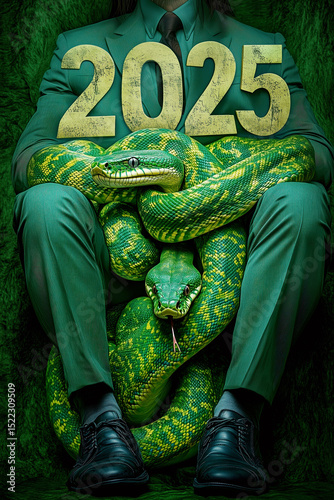 Businessmen holding 2025 inscription and green snakes new year symbol. Green New Year background of man in business suit and green dangerous reptiles