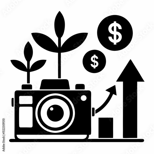 Camera with plants and money showing business growth halloween, vector, silhouette,  illustration, horizontal, isolated assets,