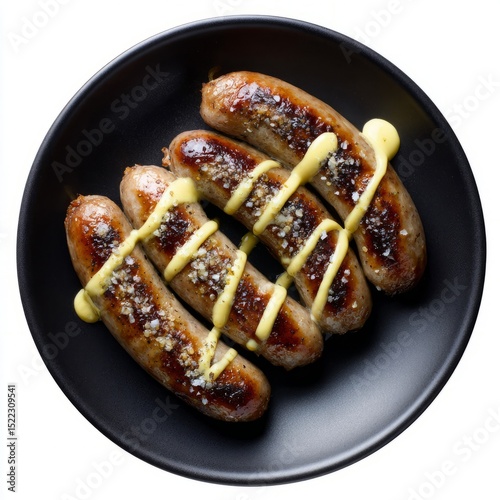 Grilled sausages glisten with tangy mustard, reminiscent of Oktoberfest revelry, German culinary heritage, and savory indulgence