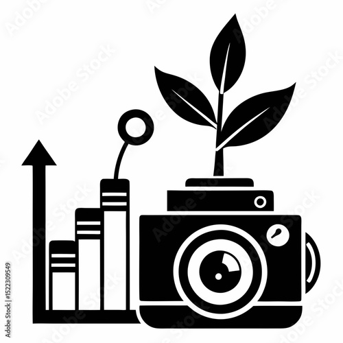 Camera with a plant and a rising bar graph design halloween, vector, silhouette,  illustration, horizontal, isolated assets,