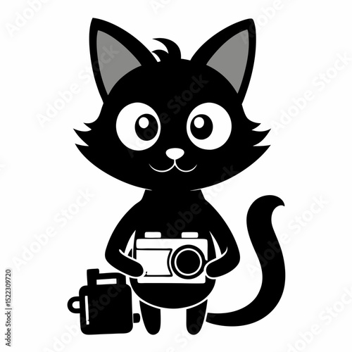 Black cat holding camera with a travel bag beside halloween, vector, silhouette,  illustration, horizontal, isolated assets,