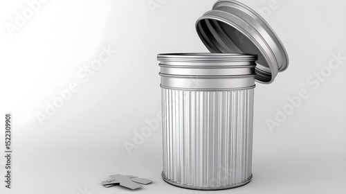 Metal trash can with lid open discarded paper