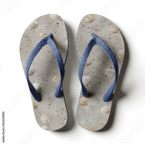 Blue-strapped flip-flops adorned with seashells, echo summertime nostalgia and coastal wanderlust, symbolic for Beachcombing Day zeal