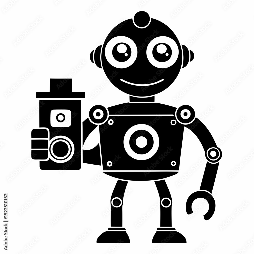 Fototapeta premium Illustration of a black robot holding a container halloween, vector, silhouette, illustration, horizontal, isolated assets,