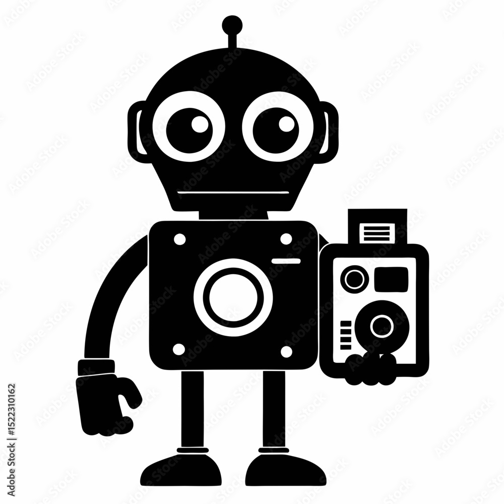 Fototapeta premium Illustration of a robot holding a camera in black halloween, vector, silhouette, illustration, horizontal, isolated assets,