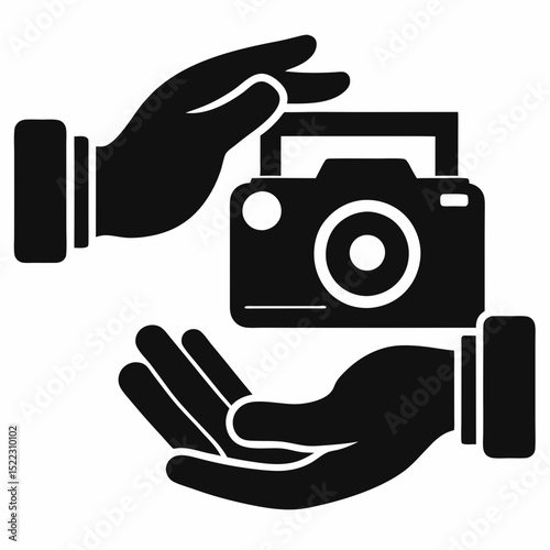Camera being held by two hands in a simple design halloween, vector, silhouette,  illustration, horizontal, isolated assets,