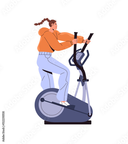 Sportswoman does physical exercise with cross trainer. Happy girl does workout with elliptical machine. Woman does cardio training with sports equipment. Flat isolated vector illustration on white