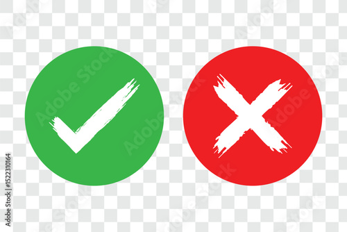 Set of hand drawn right and wrong icon , tick and cross brush signs, Right and wrong icon. hand drawn of Green check mark and Red cross. Brush style. set button correct right wrong buttons. 