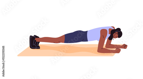 Black sportswoman standing in plank, pumps abs at home. Girl training, does physical exercises in fitness gym. Young woman does sports workout. Flat isolated vector illustration on white background