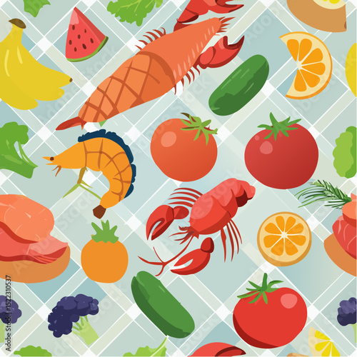 Colorful food pattern featuring an assortment of fresh fruits, vegetables, and seafood elements arranged against a light blue background.