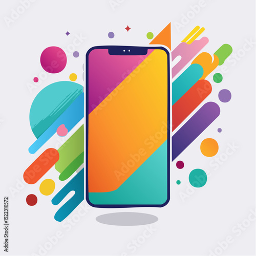 Colorful smartphone illustration with abstract shapes and gradient colors, modern design concept, suitable for various digital platforms and presentations