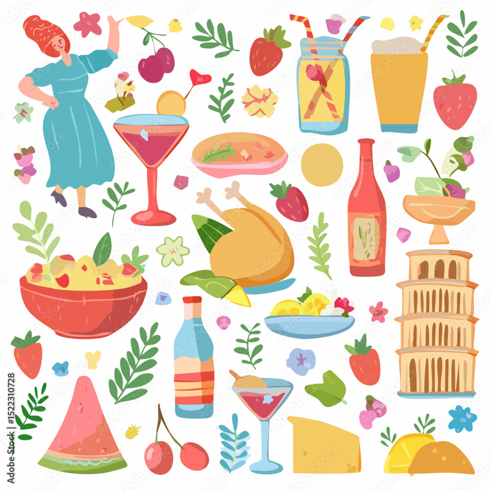 Fototapeta premium A cheerful illustration featuring a woman, diverse food items like chicken and salad, drinks including cocktails and juice, and iconic Italian elements.