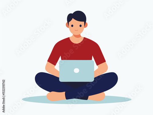 Man working on laptop computer sitting cross legged vector