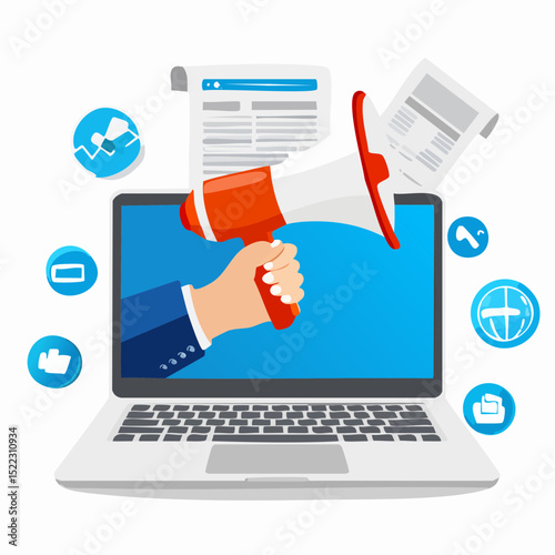 A modern vector illustration featuring a hand holding a megaphone emerging from a laptop screen, symbolizing online announcements and digital marketing