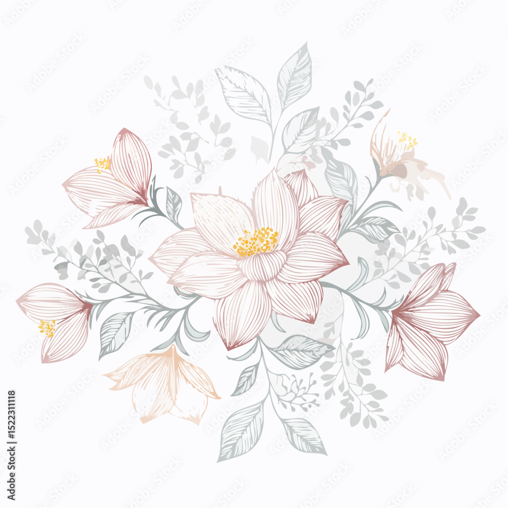 Fototapeta premium Elegant floral illustration featuring intricate line art of delicate flowers and leaves in soft pastel colors, perfect for design projects.
