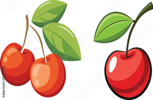 Two fresh red cherries with leaves, a sweet fruit illustration