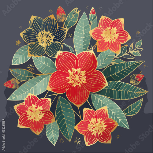 Elegant floral illustration featuring red and blue flowers with golden outlines, leaves and buds arranged in a circular composition on a dark background.