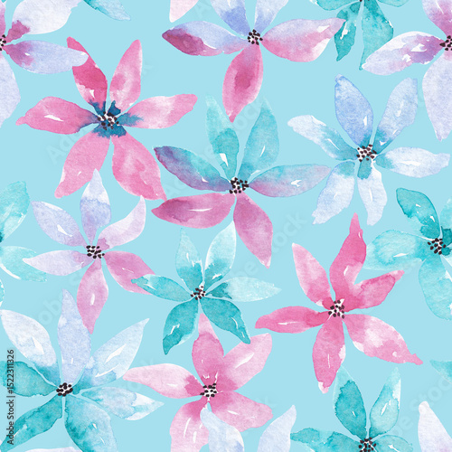 Fototapeta Naklejka Na Ścianę i Meble -  Watercolor floral seamless pattern. Fashion digital print. Repeated colorful flowers design. Pink, blue, purple abstract flowers backgroung for textile, fabric, wallpaper, scrapbooking