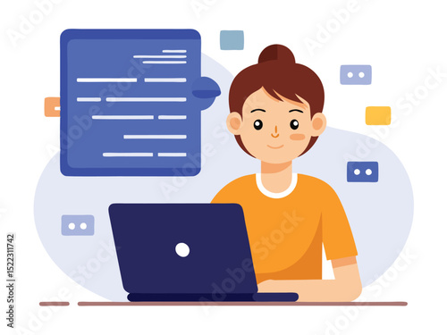 Woman working on laptop computer online communication vector