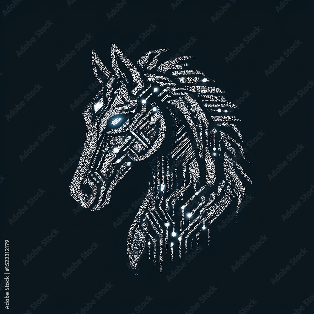 Obraz premium A vector logo of a stylized horse head in profile in a tech setting