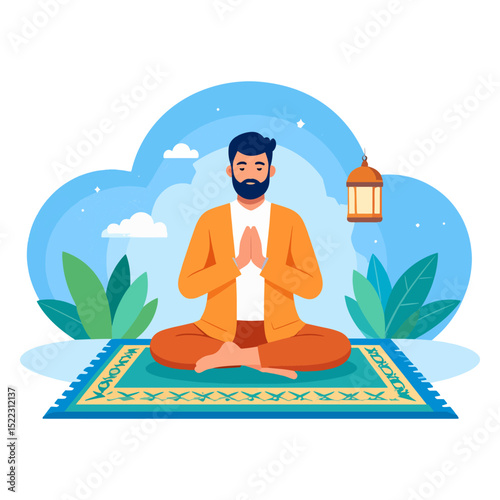 Man meditates crosslegged on a patterned rug set against a blue cloudy backdrop with green plants and a hanging lantern