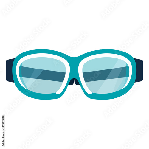 Teal goggles with light blue lenses and a dark blue strap