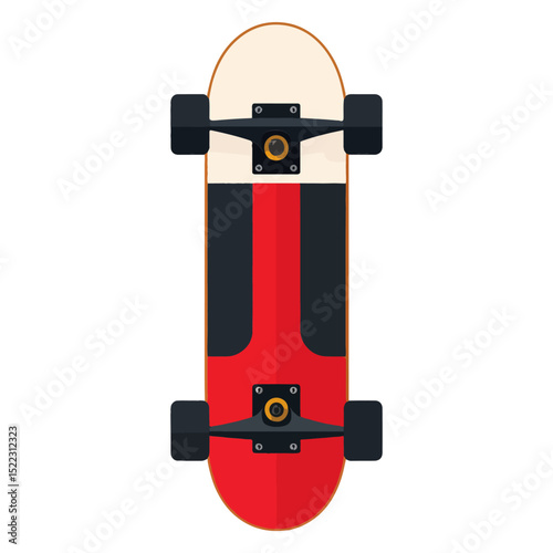 flat illustration of A skateboard with a red and white deck black griptape and black trucks and wheels