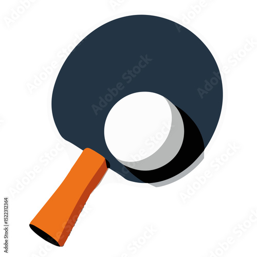 flat illustration of A table tennis paddle with an orange handle rests shadowing a white ping pong ball